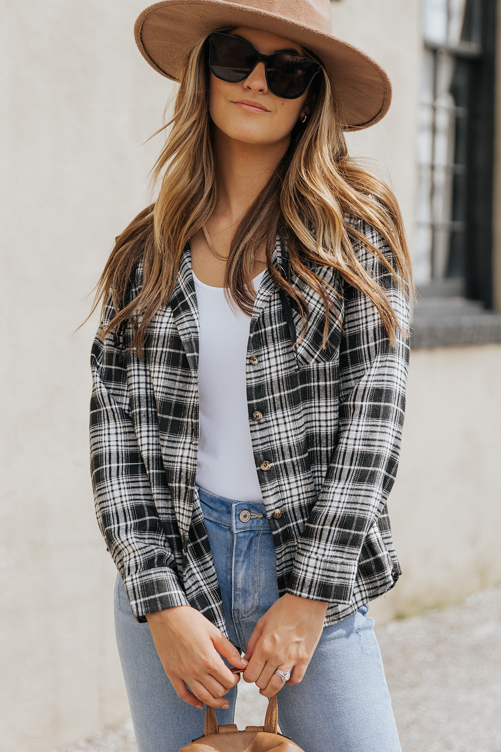 Drawstring Plaid Hooded Shacket