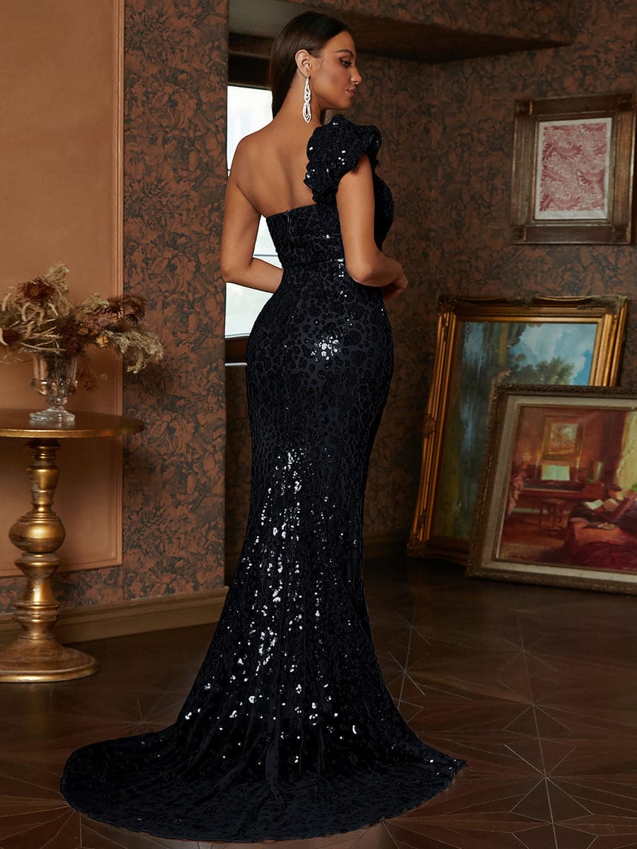 Lantern Sleeve Sequin Golden Mermaid Evening Dress XJ1899