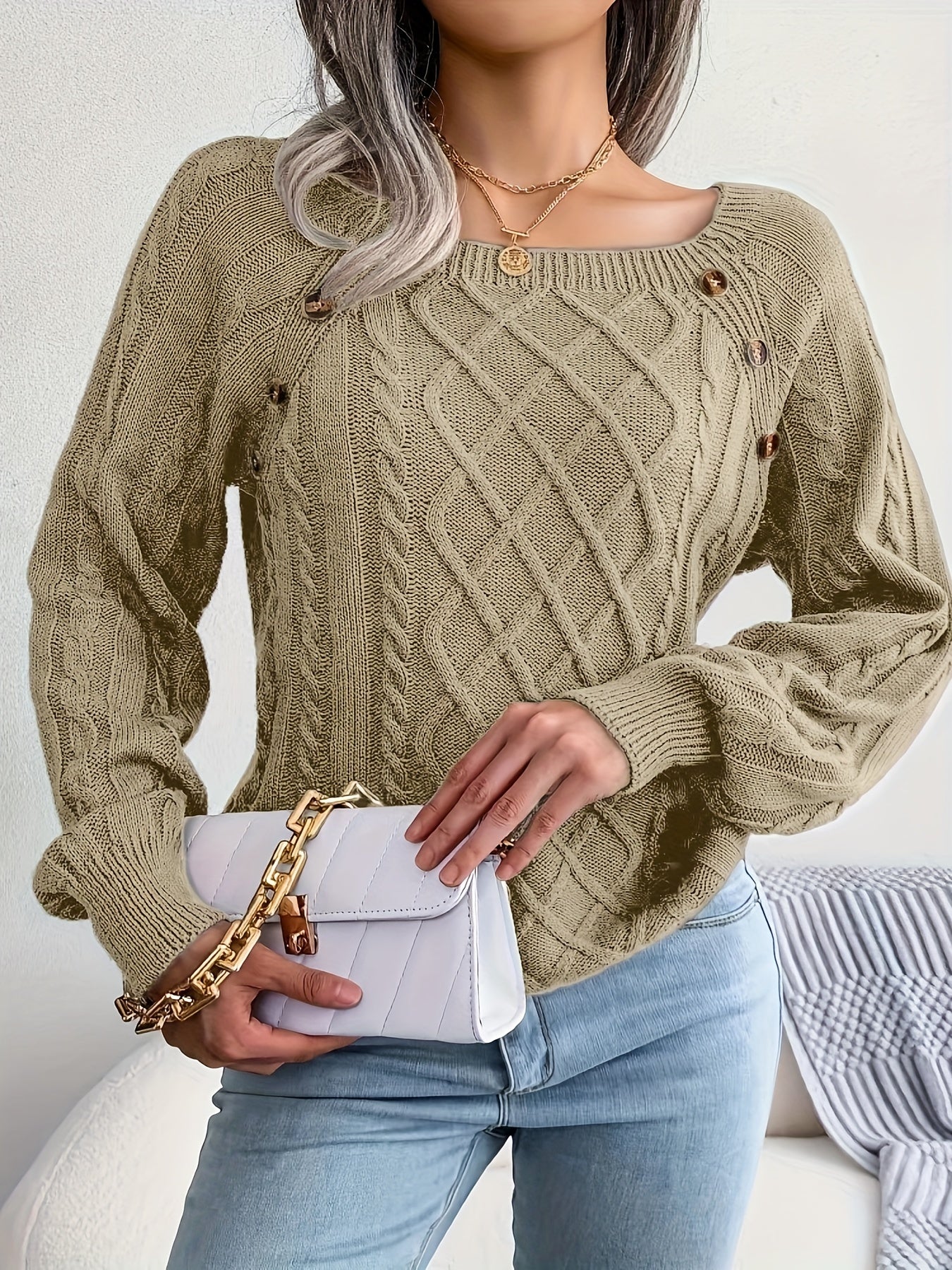 Crew Neck Button decoration Cable Knit Sweater