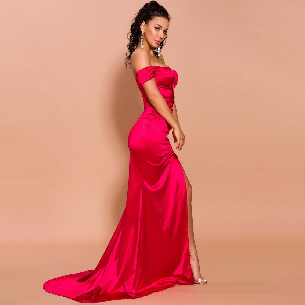 Silky Scarlet Red Off Shoulder Maxi Dress