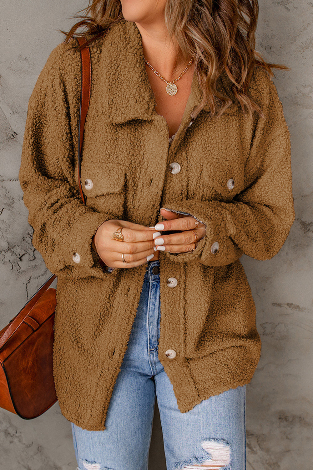 Flap Pockets Button Front Teddy Coat