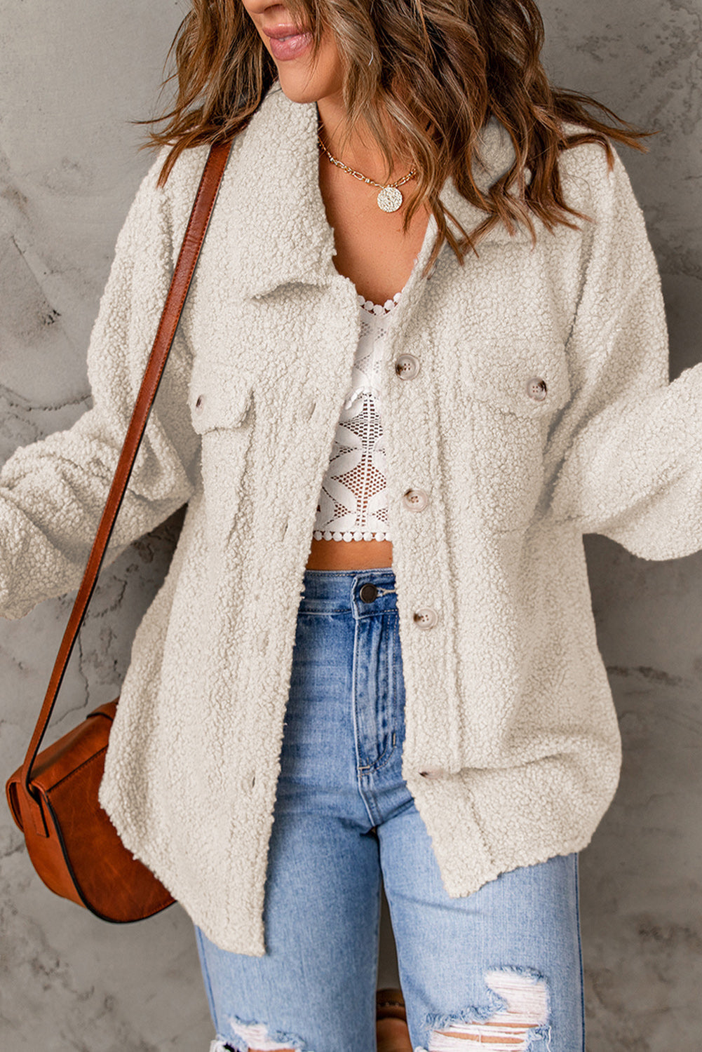 Flap Pockets Button Front Teddy Coat