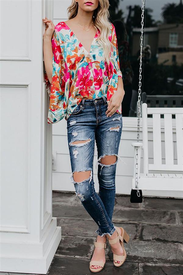 Floral Batwing Sleeve Buttons Top