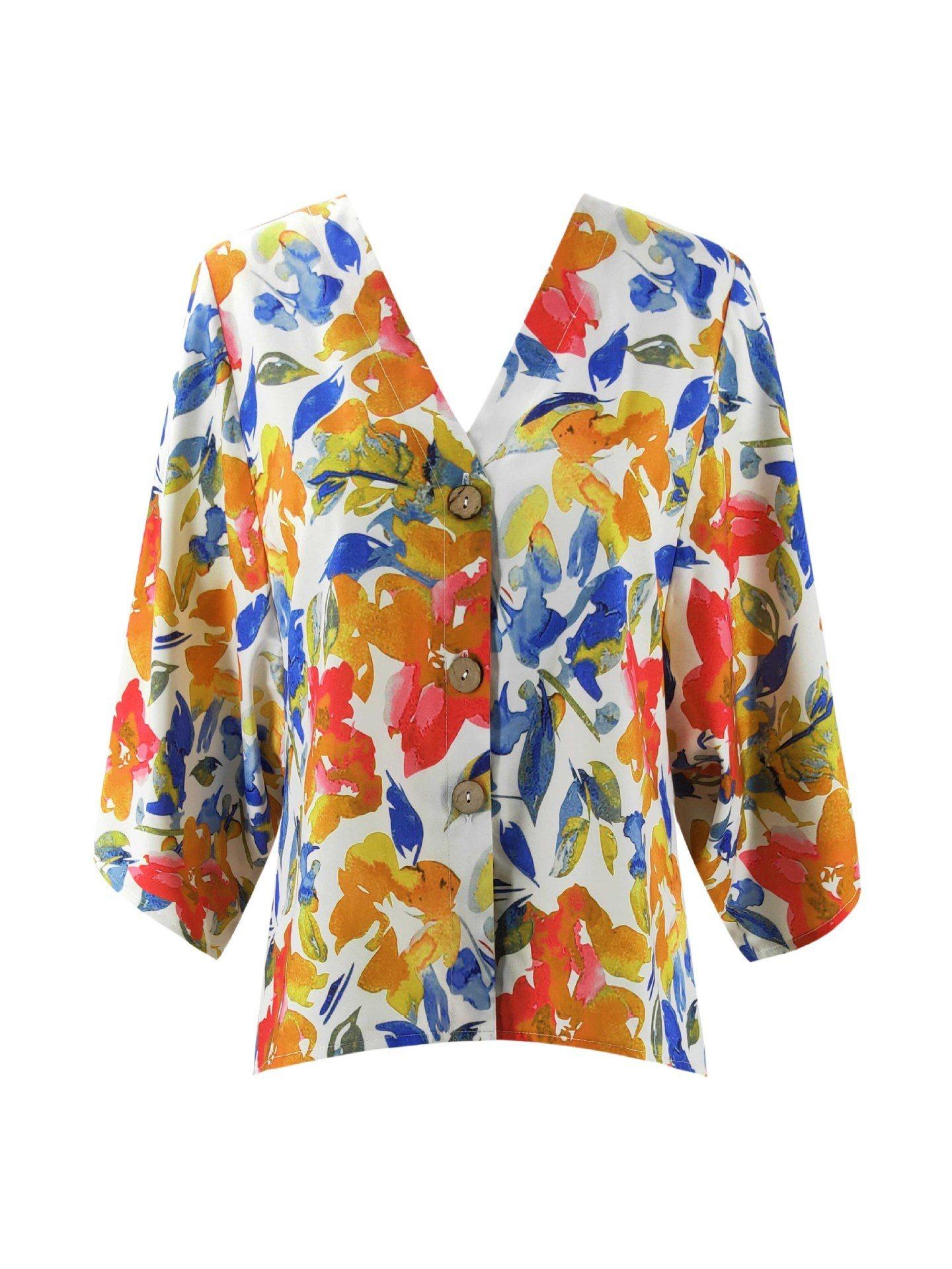 Floral Batwing Sleeve Buttons Top