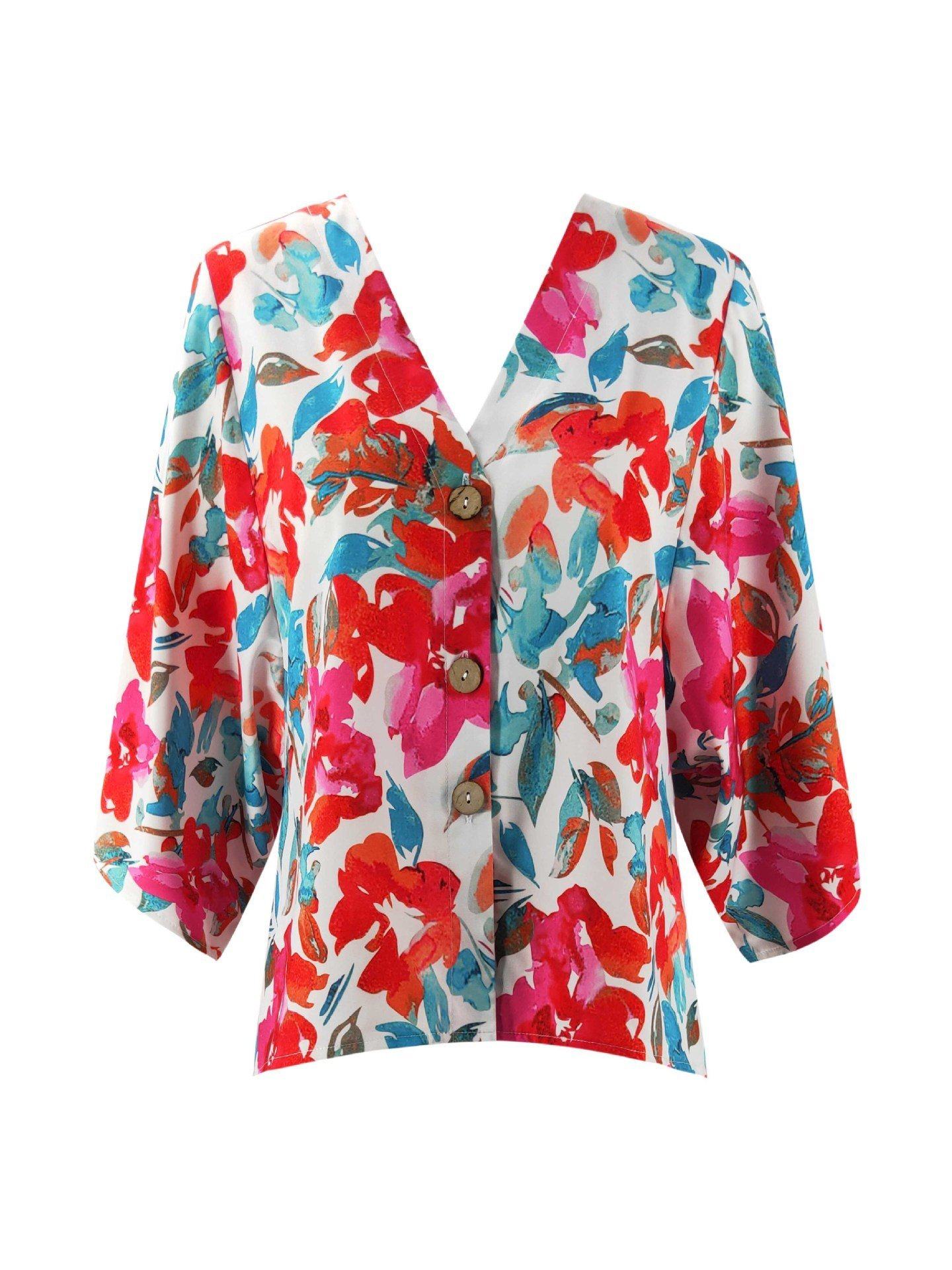 Floral Batwing Sleeve Buttons Top