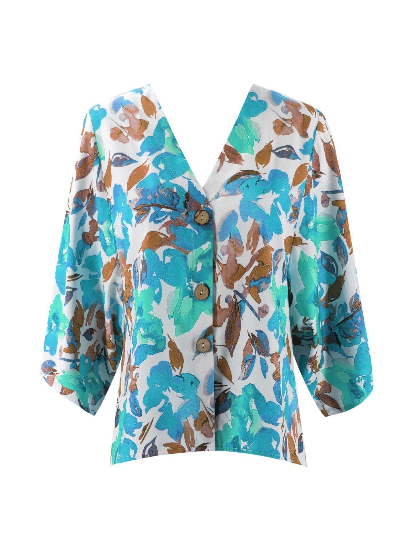 Floral Batwing Sleeve Buttons Top