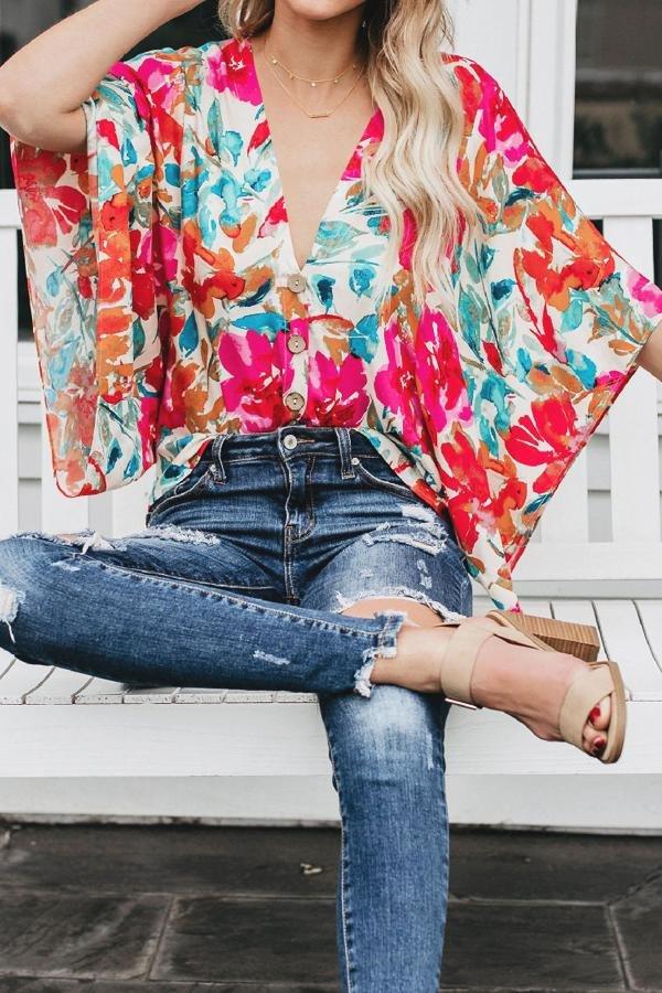 Floral Batwing Sleeve Buttons Top