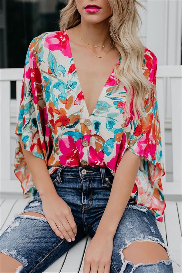 Floral Batwing Sleeve Buttons Top