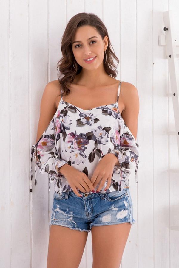 Floral Cold Shoulder Chiffon Blouse