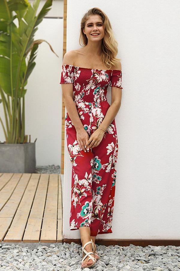 Floral Off Shoulder Smocked Jumpsuit