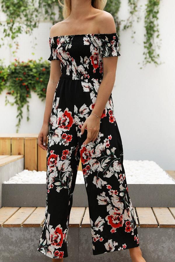 Floral Off Shoulder Smocked Jumpsuit