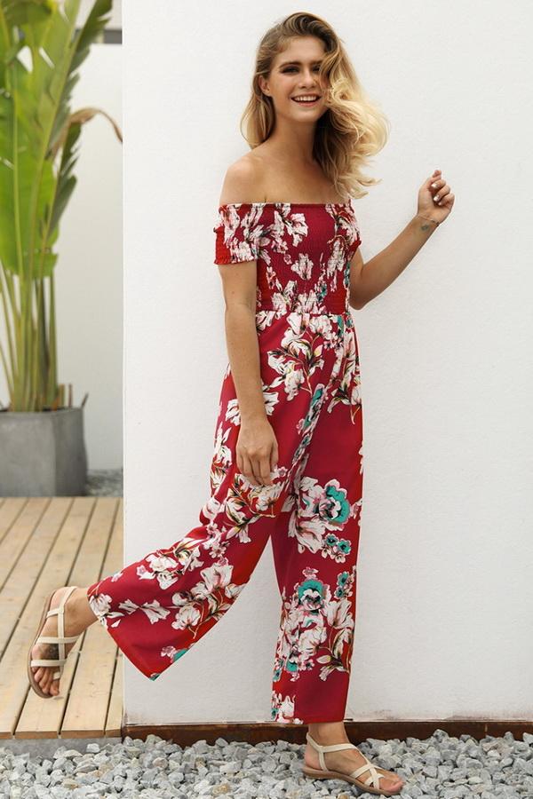 Floral Off Shoulder Smocked Jumpsuit