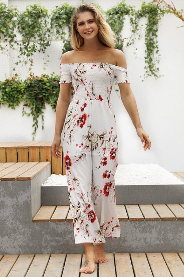 Floral Off Shoulder Smocked Jumpsuit