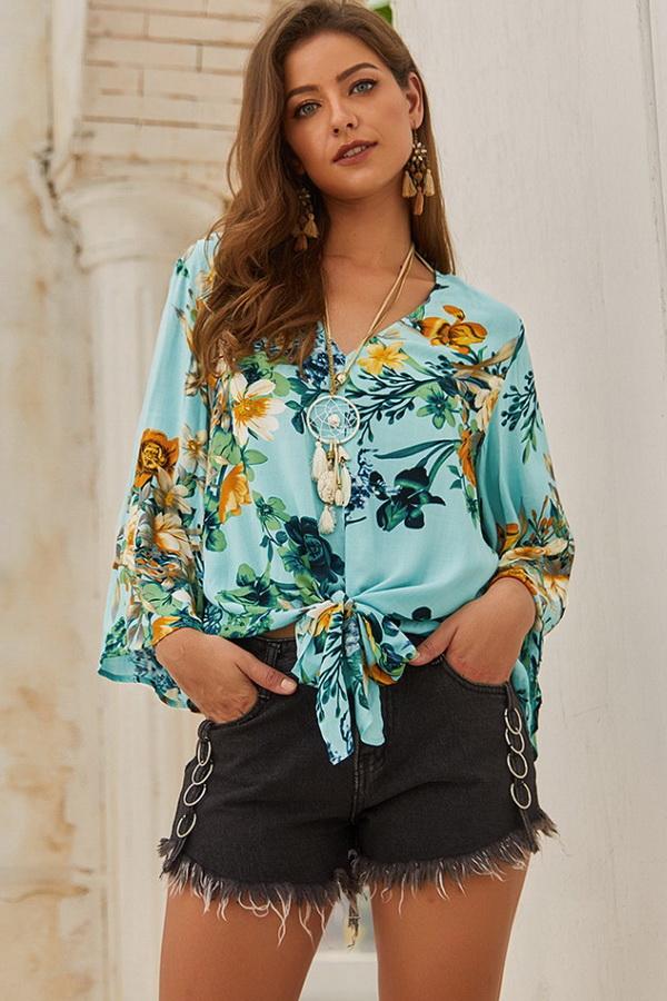 Floral V Neck Knot Blouse