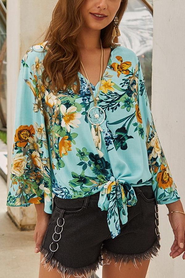 Floral V Neck Knot Blouse