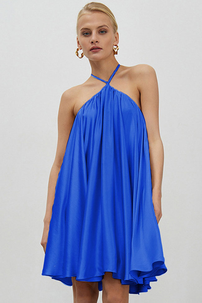 Flowy Sleeveless Criss Cross Open Back Summer A Line Mini Dress - Blue