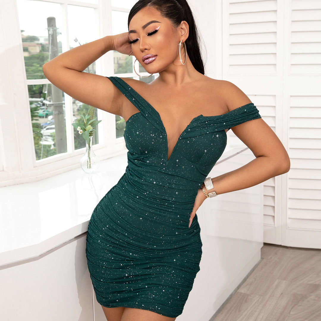 Gleaming Ruched V Wire Off Shoulder Bodycon Party Mini Dress - Emerald Green