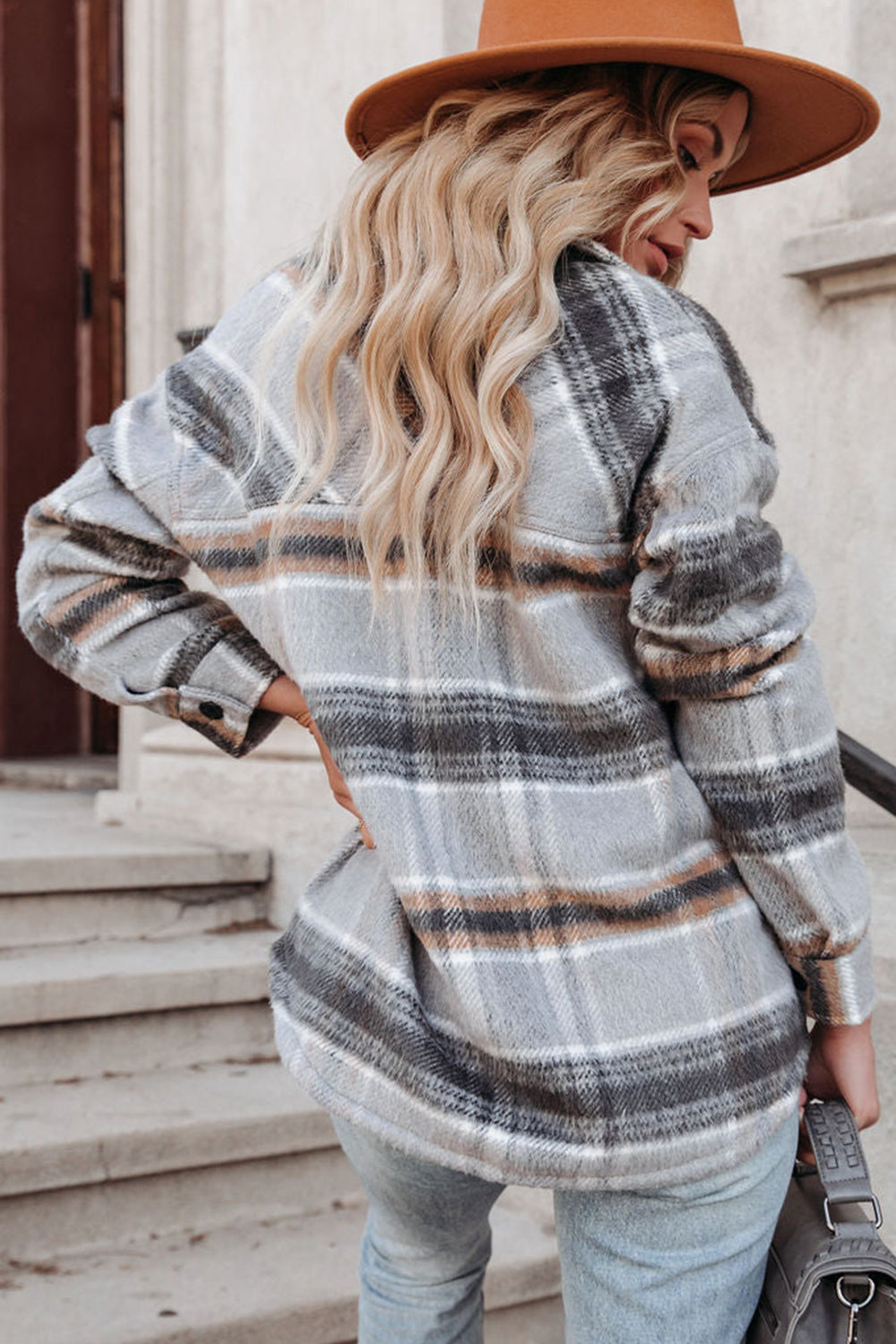 Gray Plaid Print Pocketed Shirt Jacket