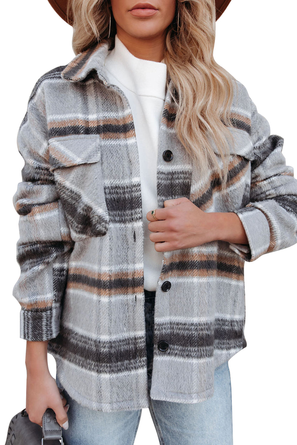 Gray Plaid Print Pocketed Shirt Jacket