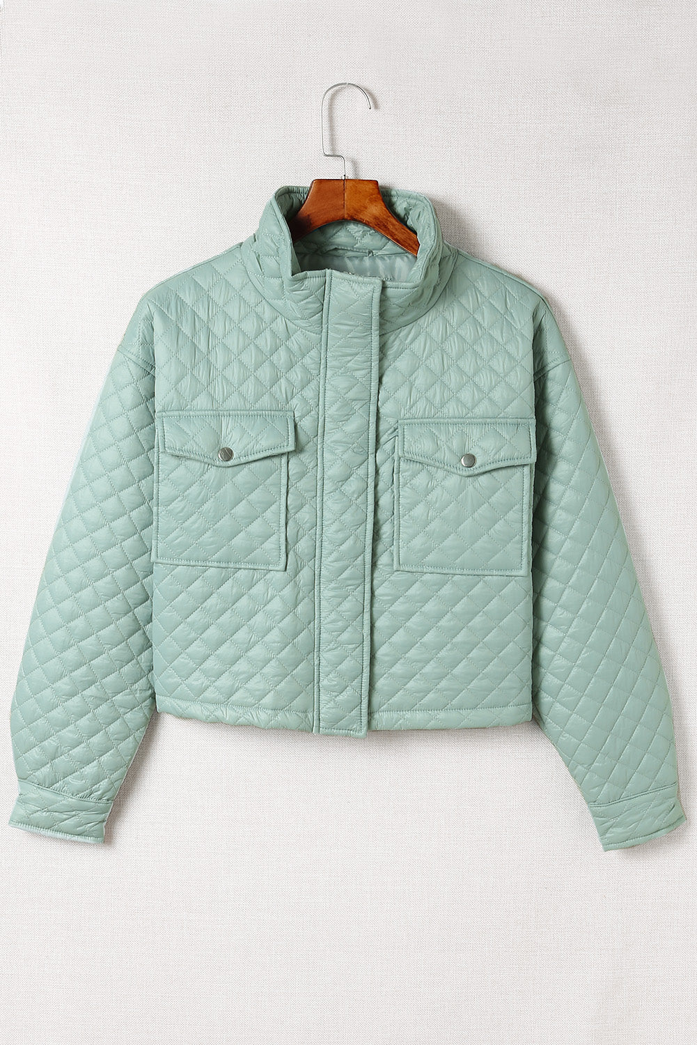 Green Quilted Pocketed Zip-Up Cropped Jacket