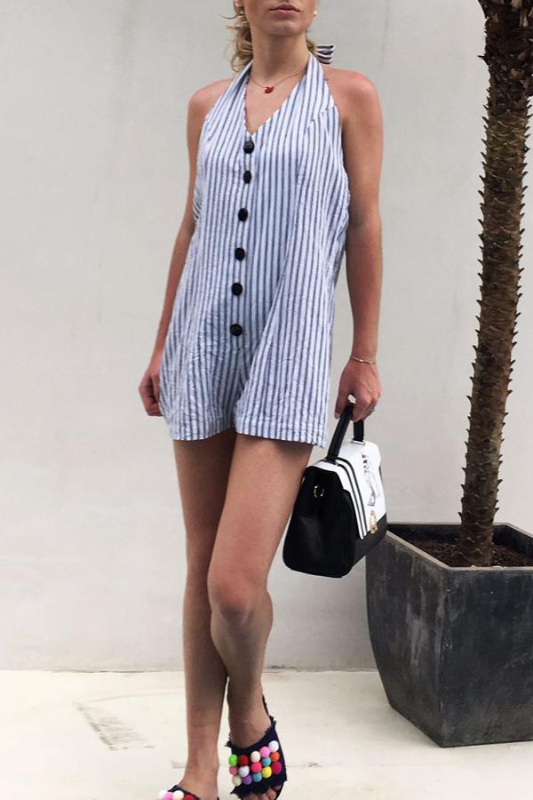 Halter Sleeveless Striped Single Breasted Romper