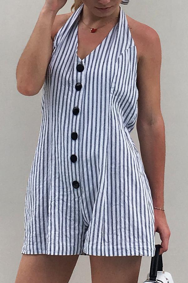 Halter Sleeveless Striped Single Breasted Romper