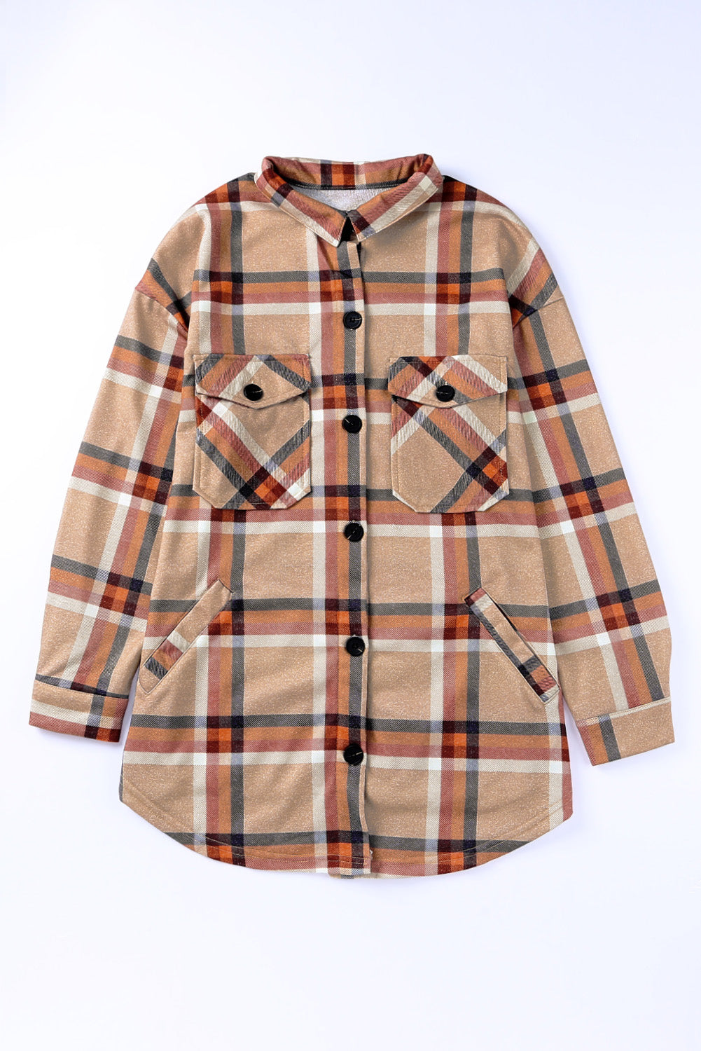 Khaki Chest Pockets Buttoned Oversized Plaid Shacket