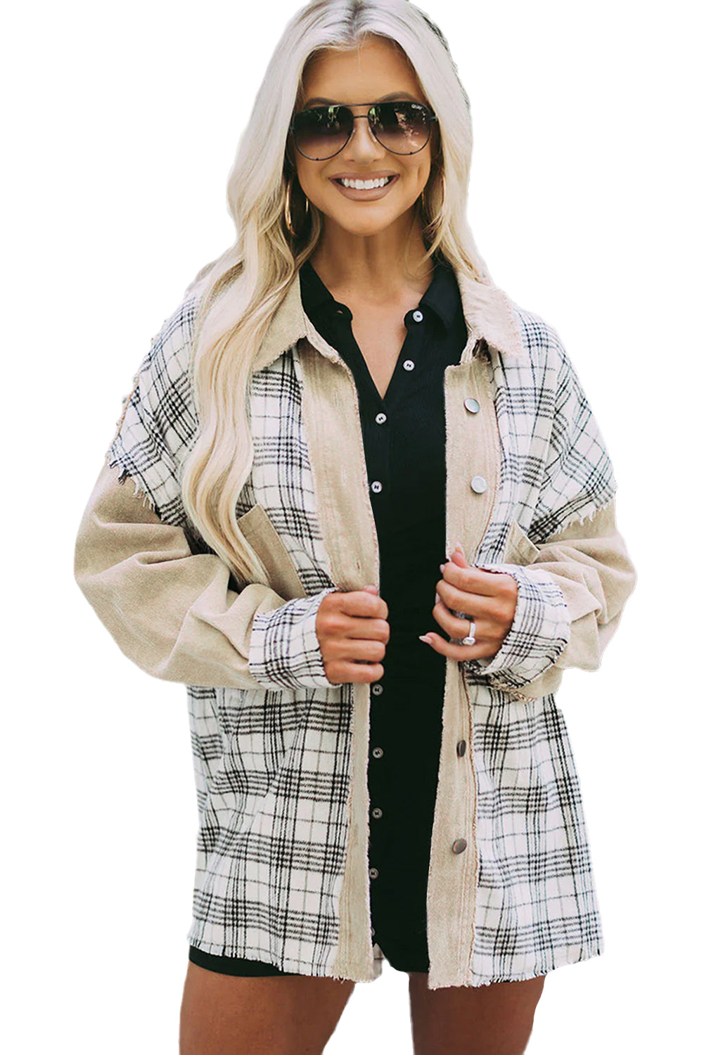 Khaki Distressed Raw Edge Plaid Patchwork Denim Jacket