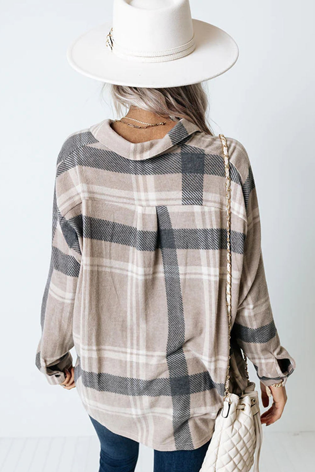 Khaki High Low Brushed Plaid Oversize Shacket