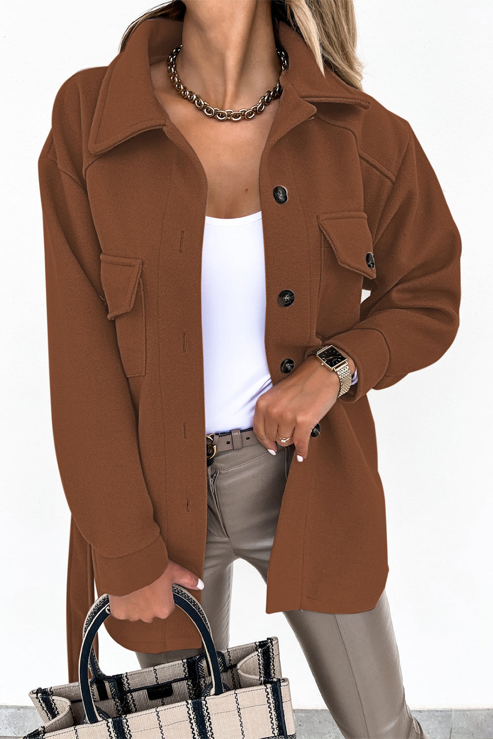 Lapel Button-Down Coat With Chest Pockets