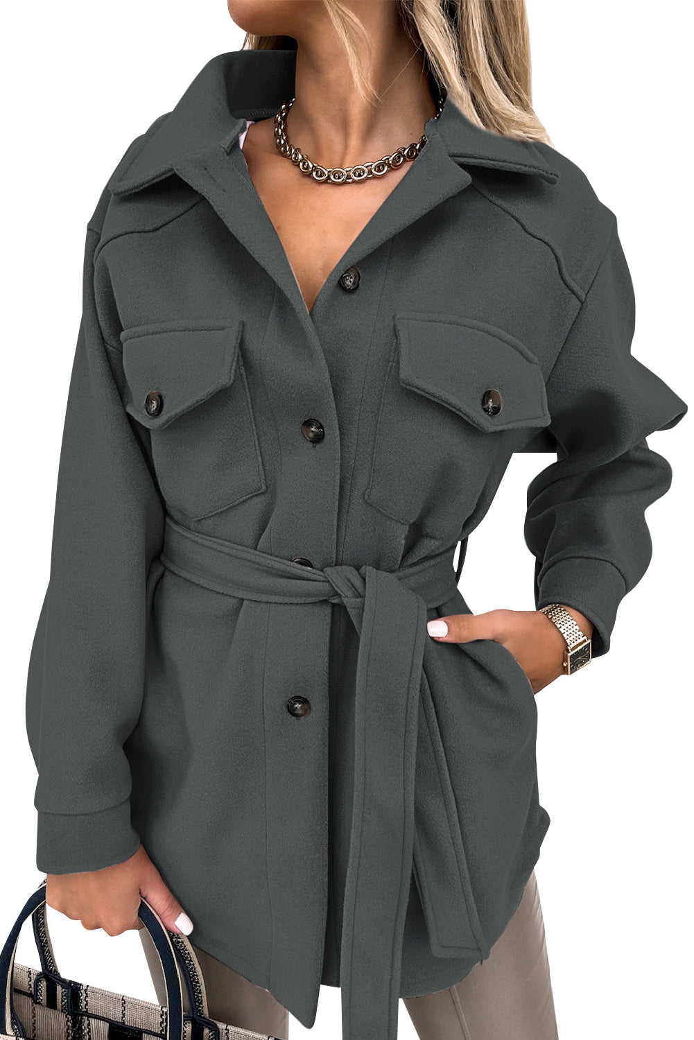 Lapel Button-Down Coat With Chest Pockets