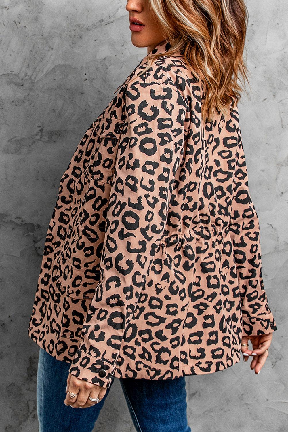 Lapel Collar Zipper Drawstring Leopard Coat