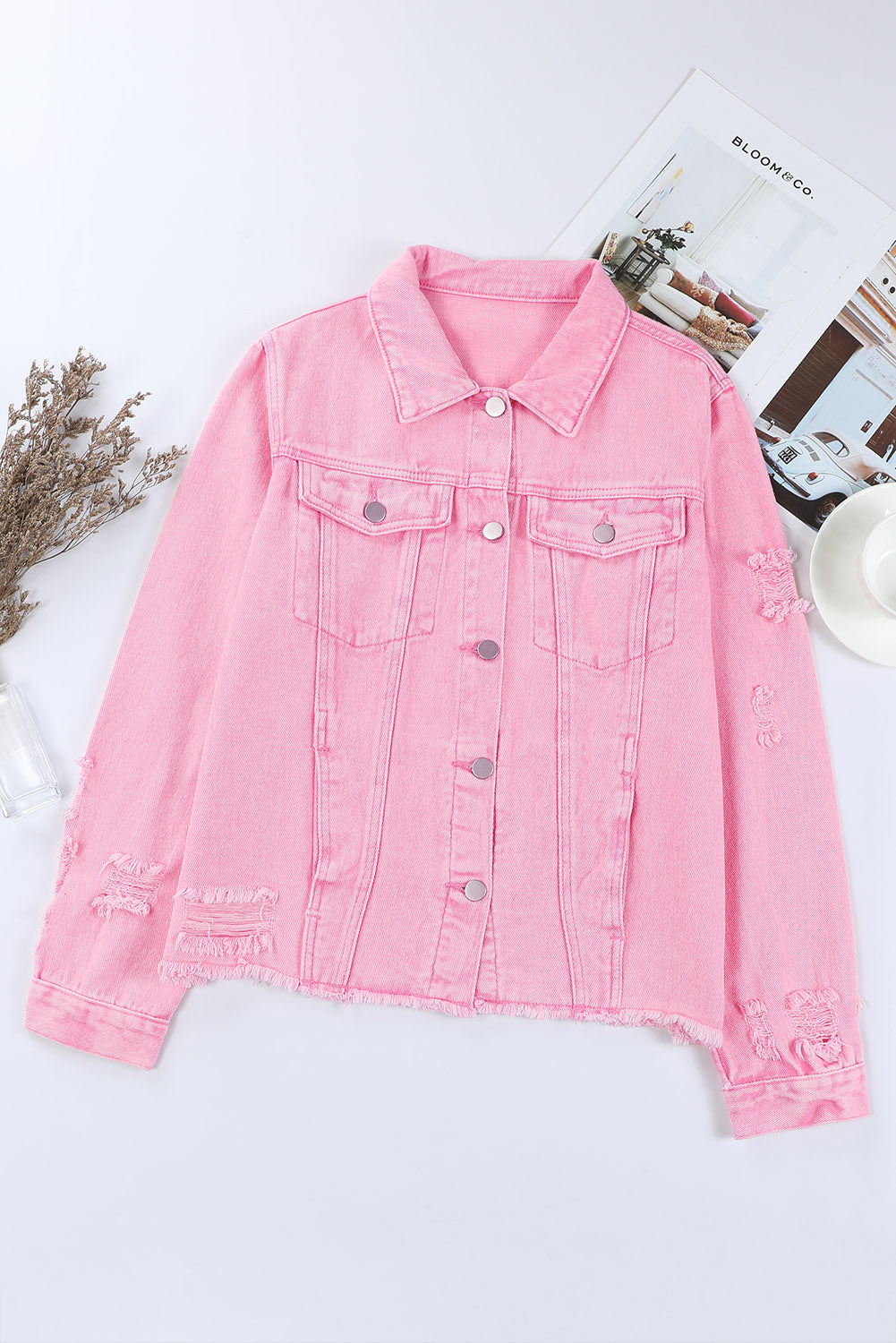 Lapel Distressed Raw Hem Buttons Denim Jacket