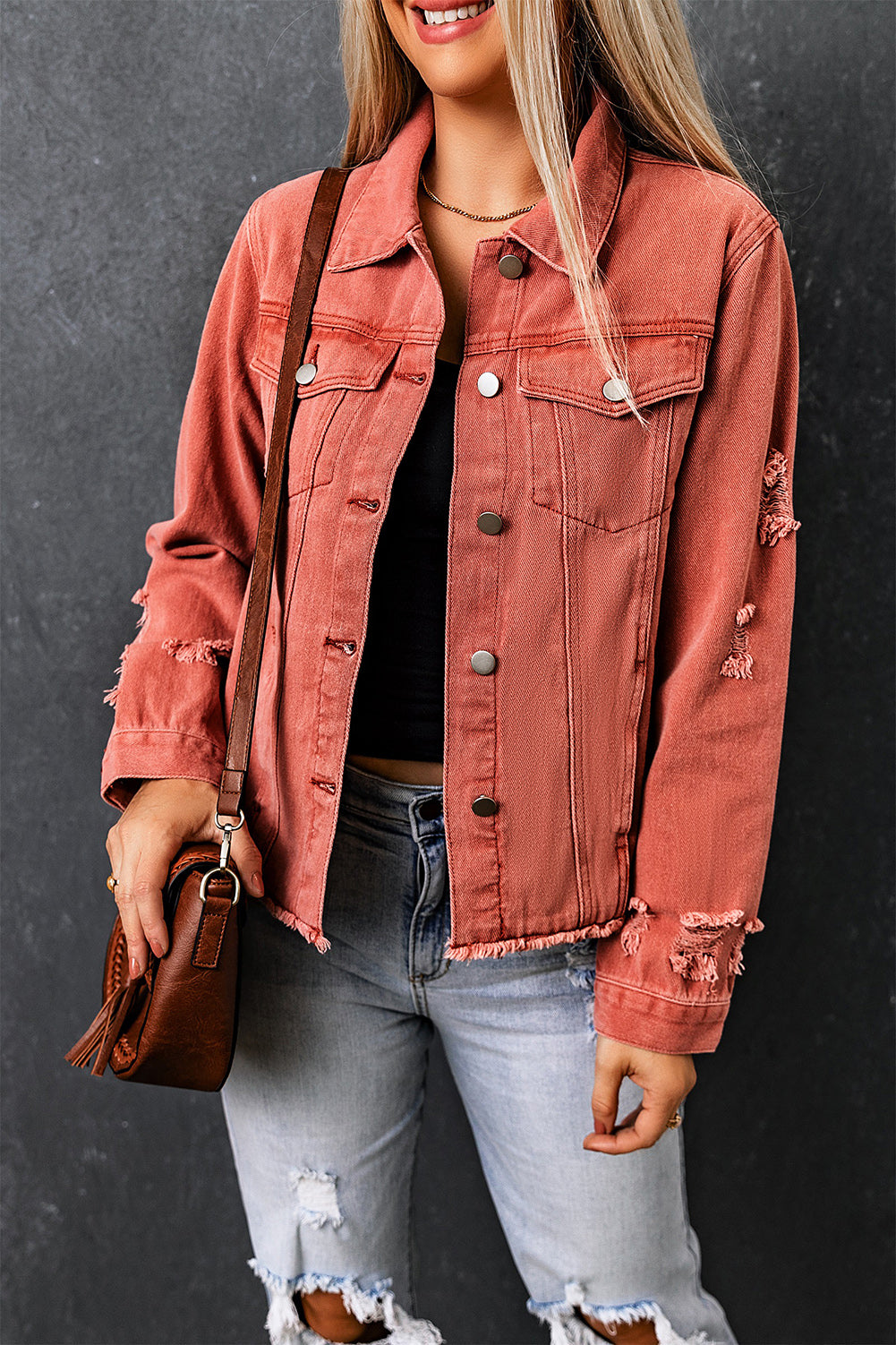 Lapel Distressed Raw Hem Buttons Denim Jacket