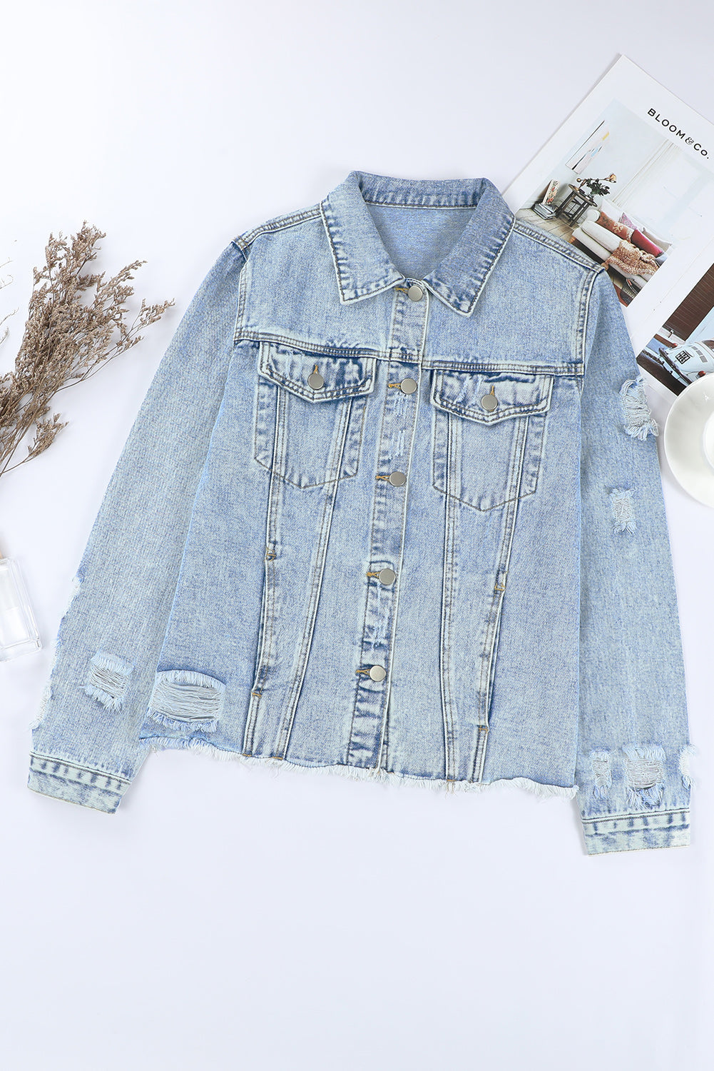 Lapel Distressed Raw Hem Buttons Denim Jacket