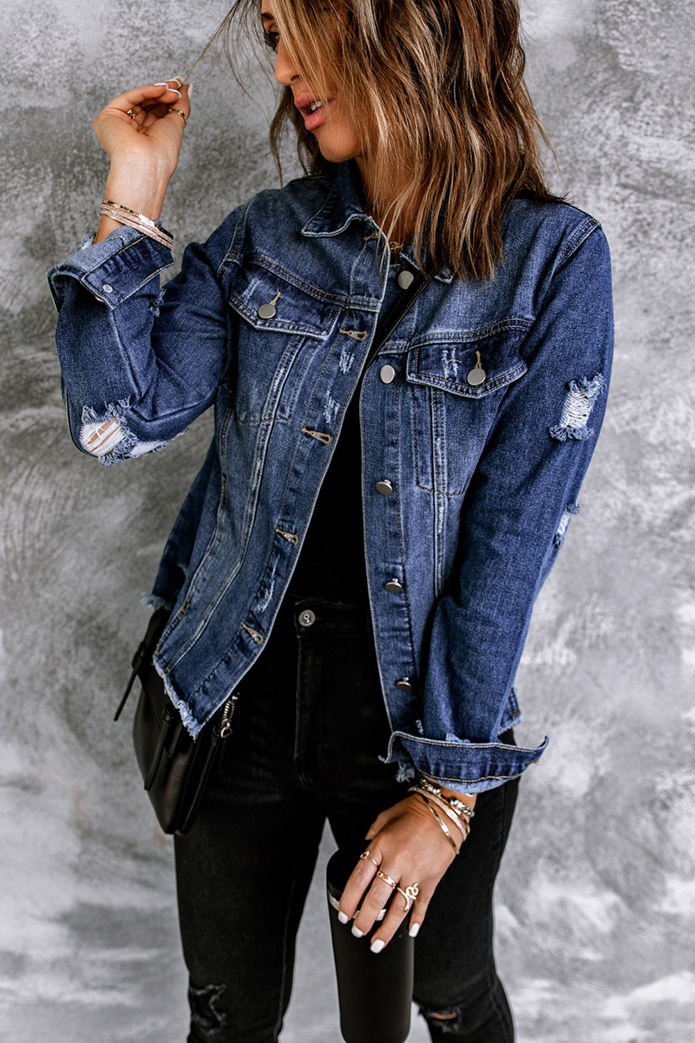 Lapel Distressed Raw Hem Buttons Denim Jacket