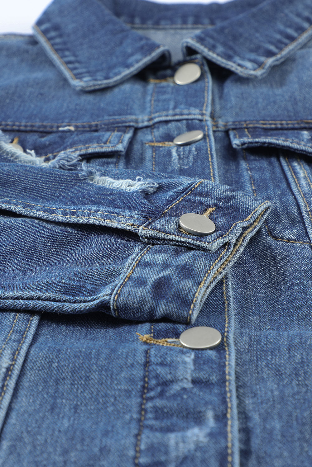 Lapel Distressed Raw Hem Buttons Denim Jacket