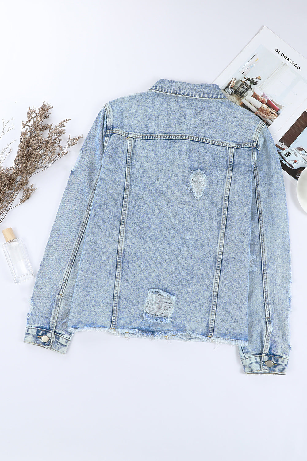 Lapel Distressed Raw Hem Buttons Denim Jacket