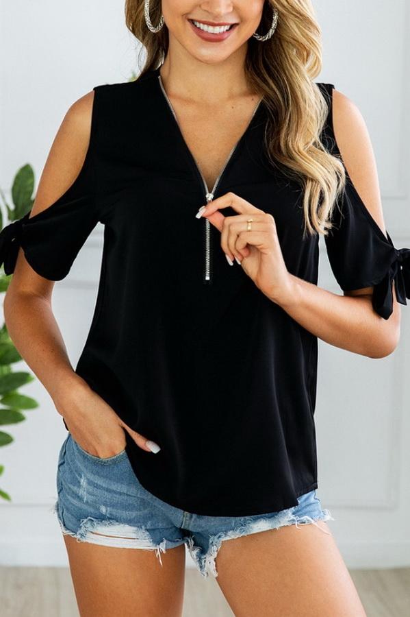 Leisure Lace Zipper V-collar Blouse