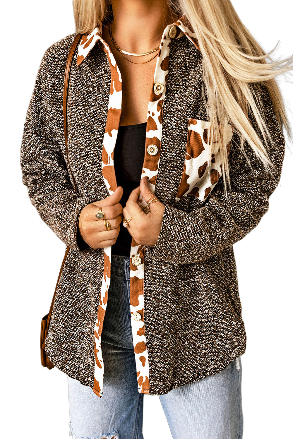 Leopard Cow Print Patchwork Buttoned Shirt Jacket