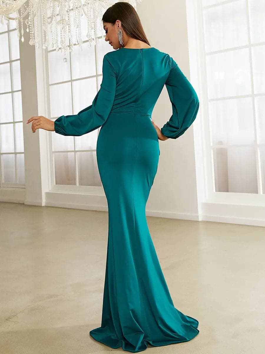 Bishop Sleeve Square Neck Green Mermaid Knit Prom Dress XJ1496