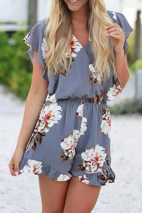 Printed V-collar Flounce Sleeve Jumpsuit