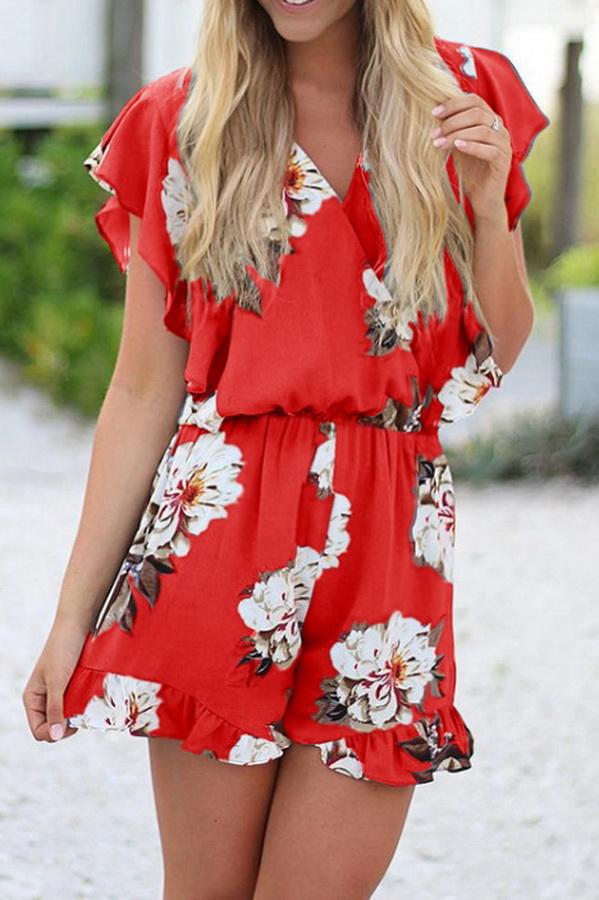 Printed V-collar Flounce Sleeve Jumpsuit