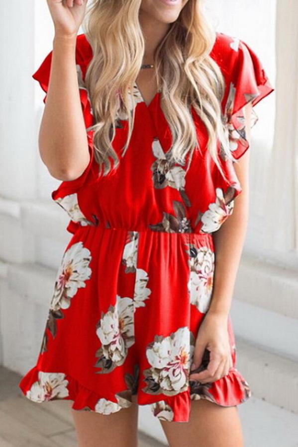 Printed V-collar Flounce Sleeve Jumpsuit