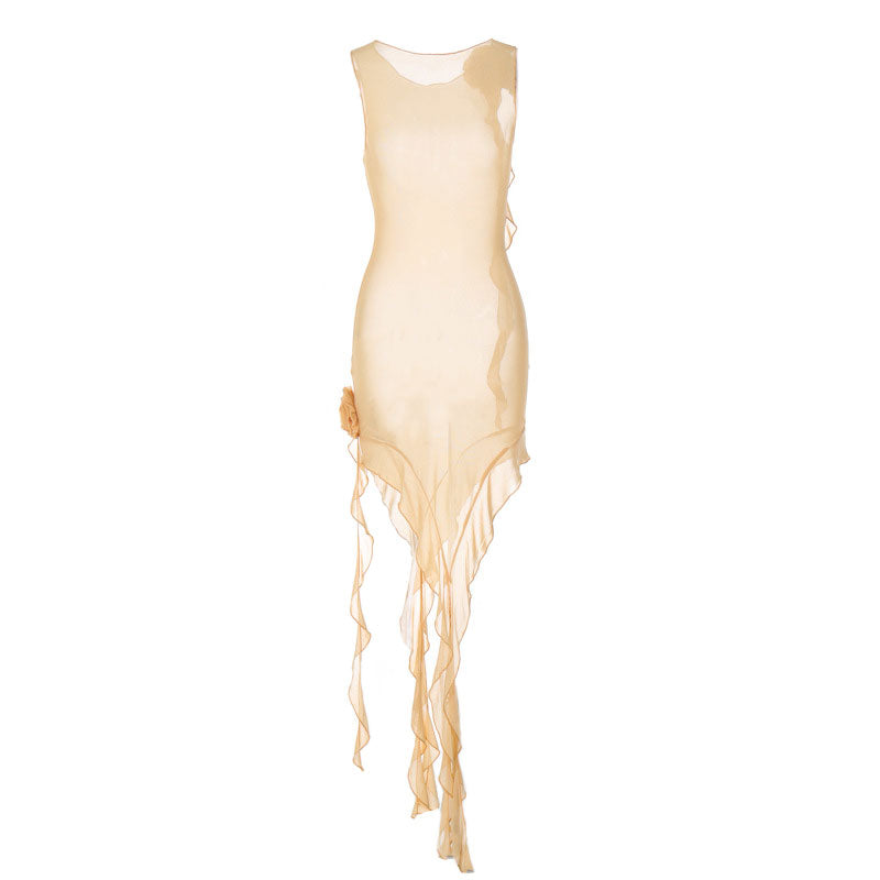 Sheer Mesh 3D Flower Ruffle Trim Sleeveless Club Dress - Apricot