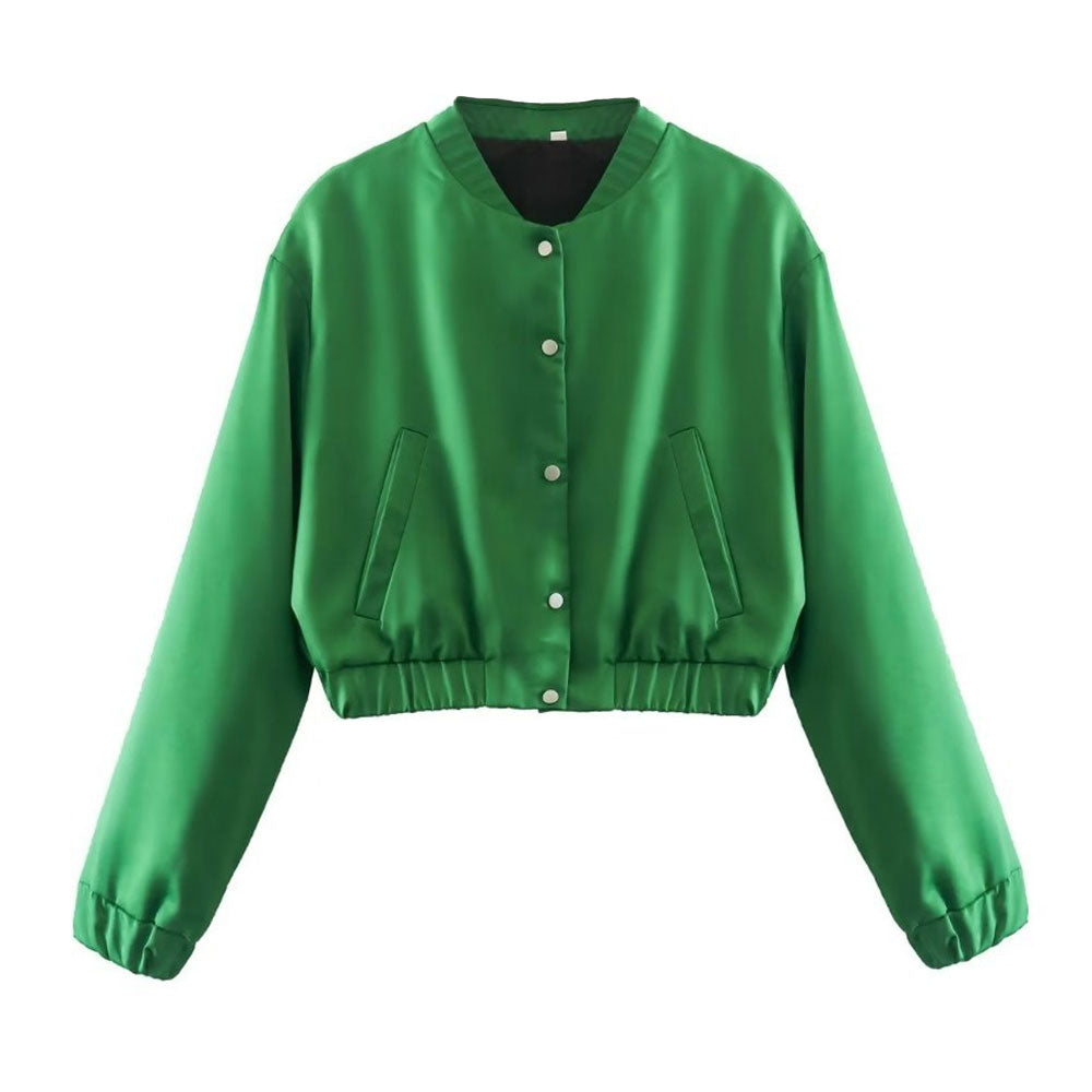 Shimmery Mock Neck Button Up Long Sleeve Bomber Jacket - Emerald Green