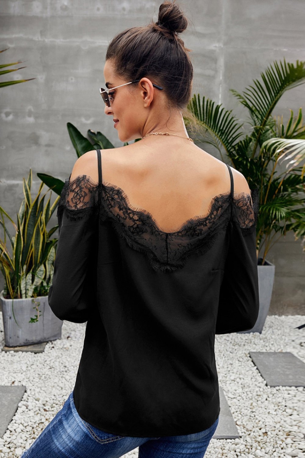 V Neck Cold Shoulder Lace Stitched Blouse