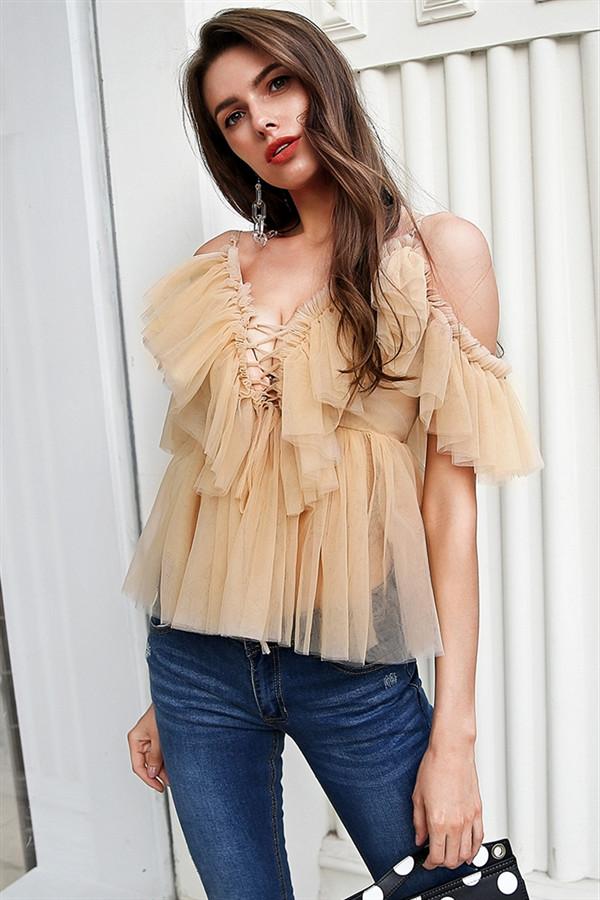 V Neck Strap Boho Mesh Blouse Shirt