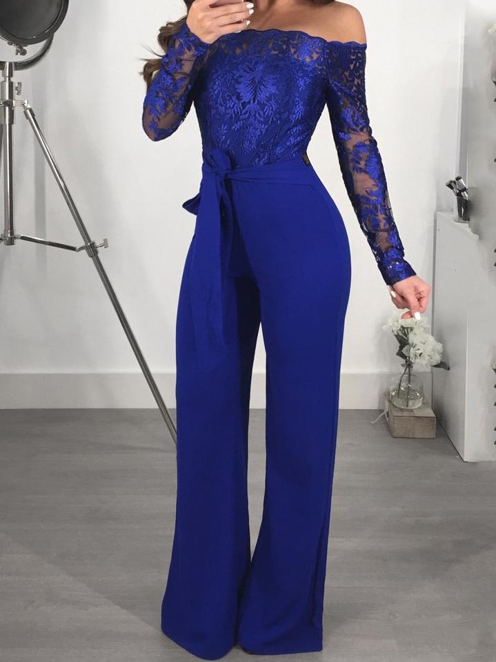 Lace Boat Neck Long Sleeve Wide Leg Jumpsuit